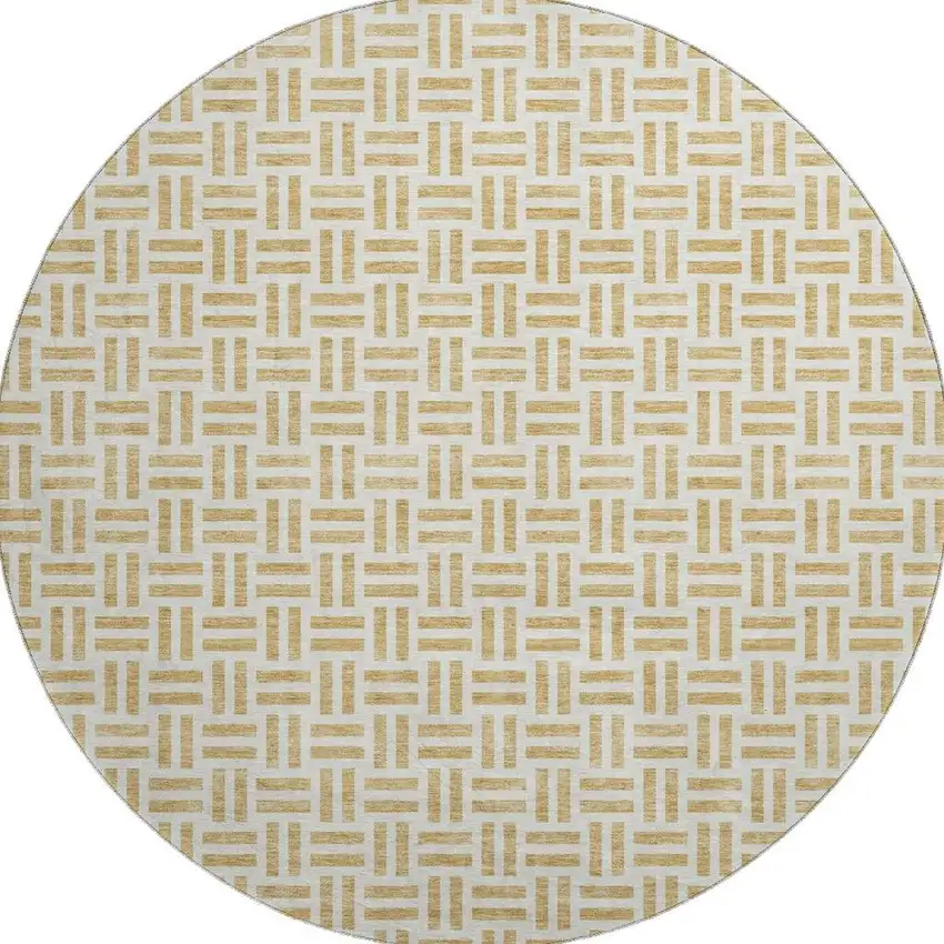8' Gold And Ivory Geometric Washable Round Rug With UV Protection Photo 3