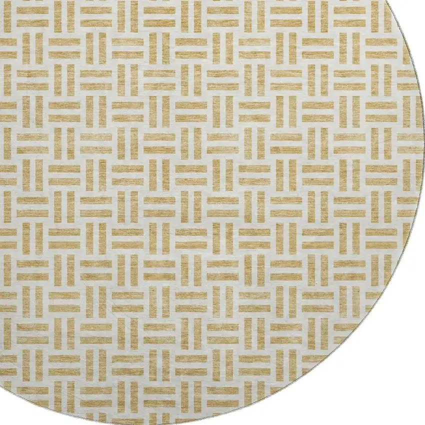 8' Gold And Ivory Geometric Washable Round Rug With UV Protection Photo 2