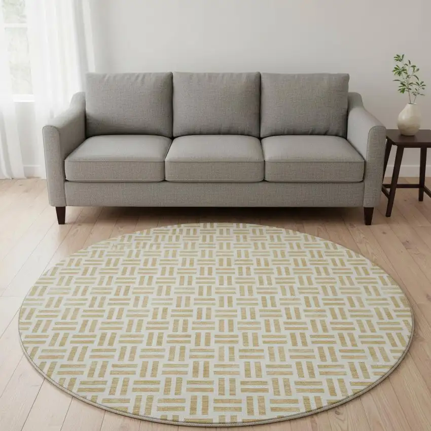 8' Gold And Ivory Geometric Washable Round Rug With UV Protection Photo 2