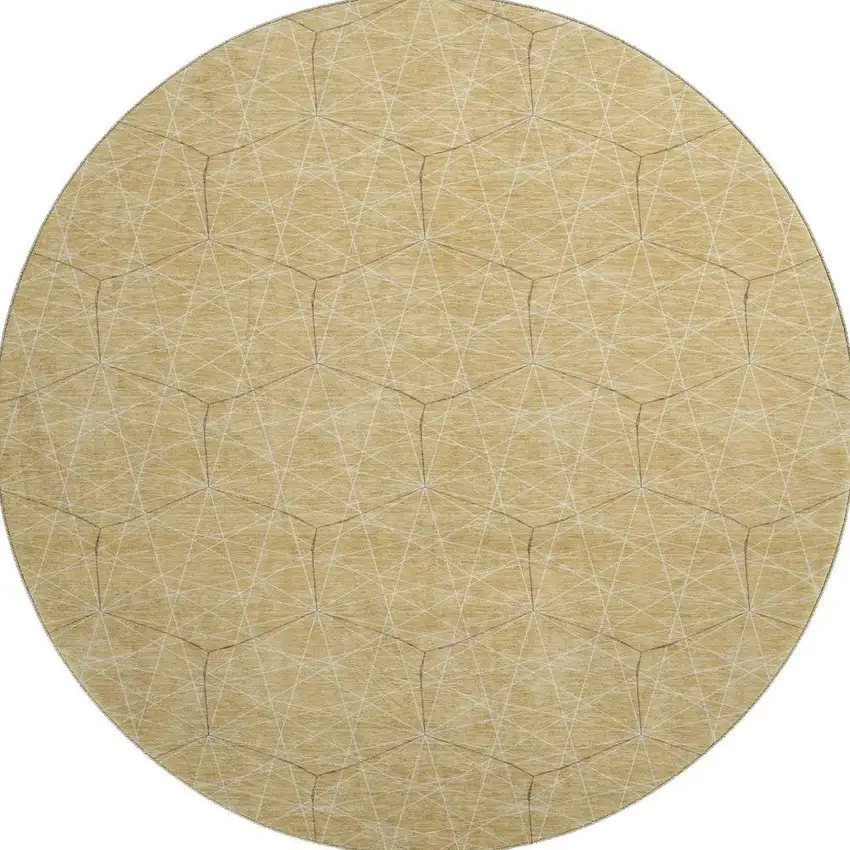 8' Gold And Ivory Geometric Washable Round Rug With UV Protection Photo 3