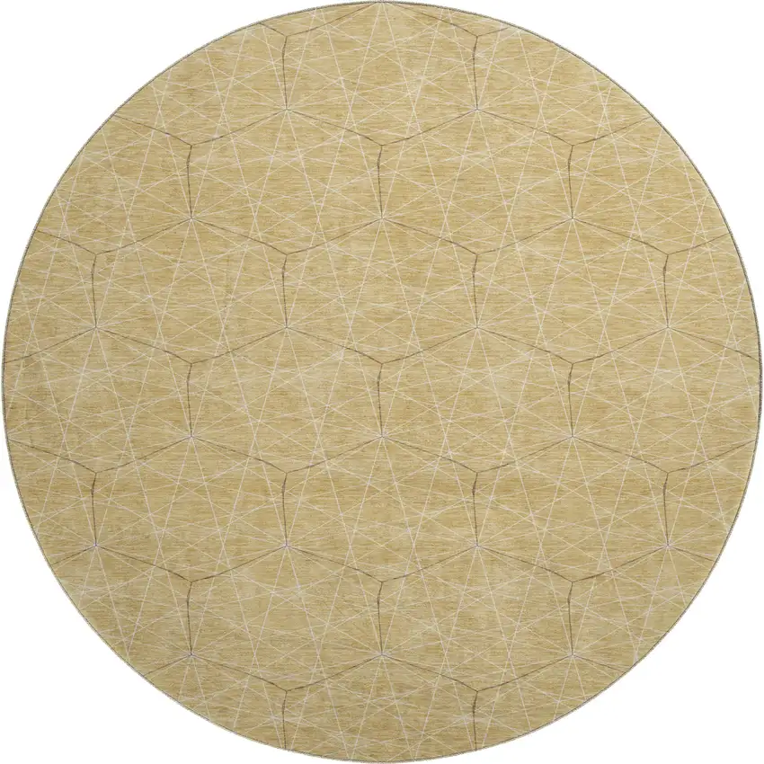 8' Gold And Ivory Geometric Washable Round Rug With UV Protection Photo 1