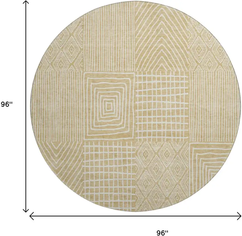 8' Gold And Ivory Geometric Washable Round Rug With UV Protection Photo 9