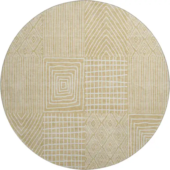8' Gold And Ivory Geometric Washable Round Rug With UV Protection Photo 1