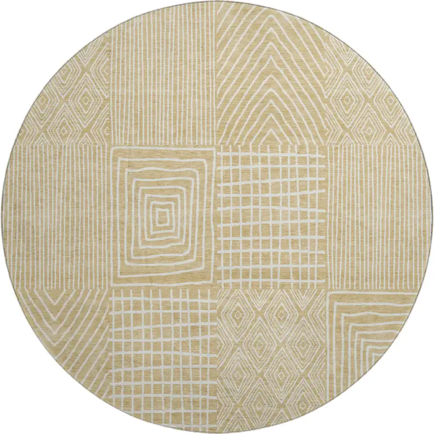 8' Gold And Ivory Geometric Washable Round Rug With UV Protection Photo 1