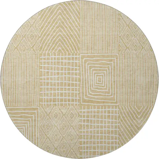 8' Gold And Ivory Geometric Washable Round Rug With UV Protection Photo 3
