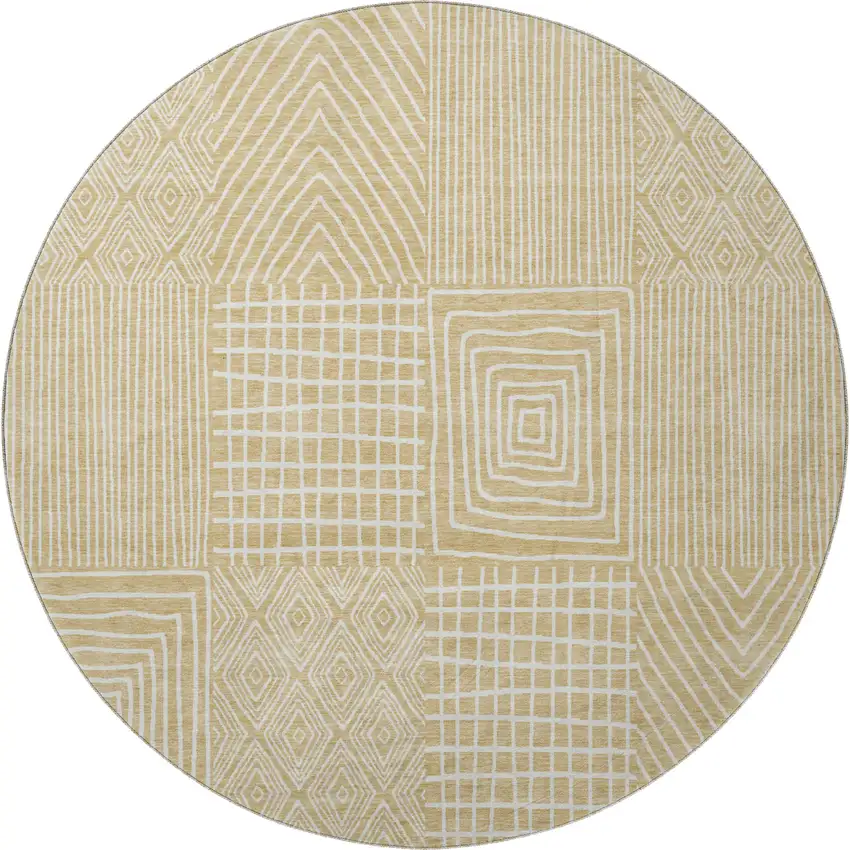 8' Gold And Ivory Geometric Washable Round Rug With UV Protection Photo 3