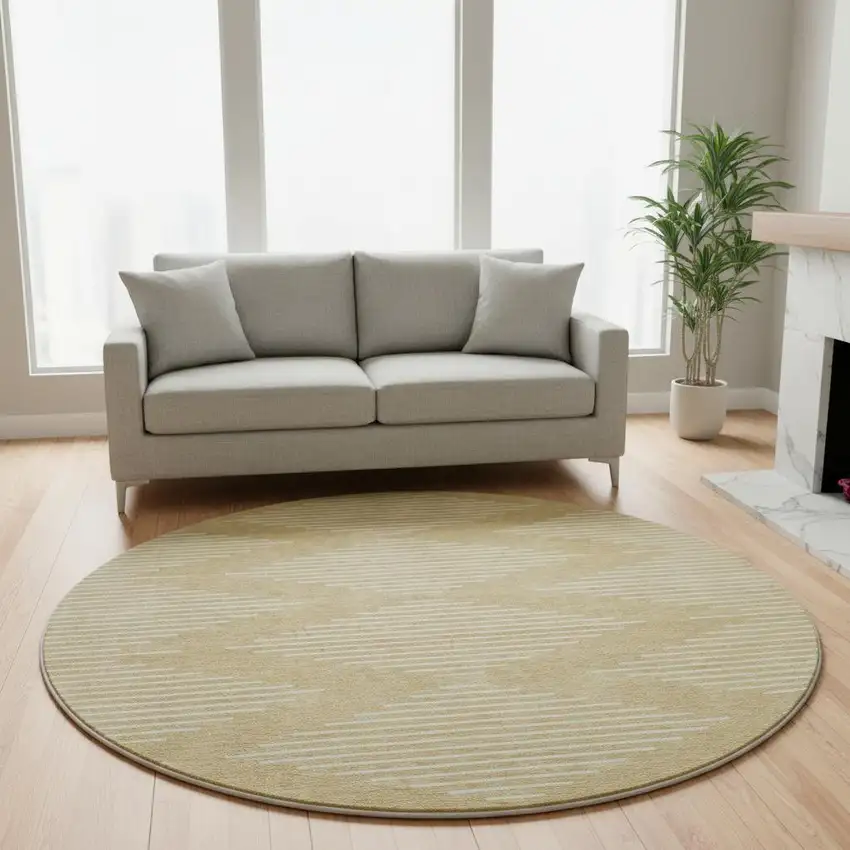 8' Gold And Ivory Geometric Washable Round Rug With UV Protection Photo 2