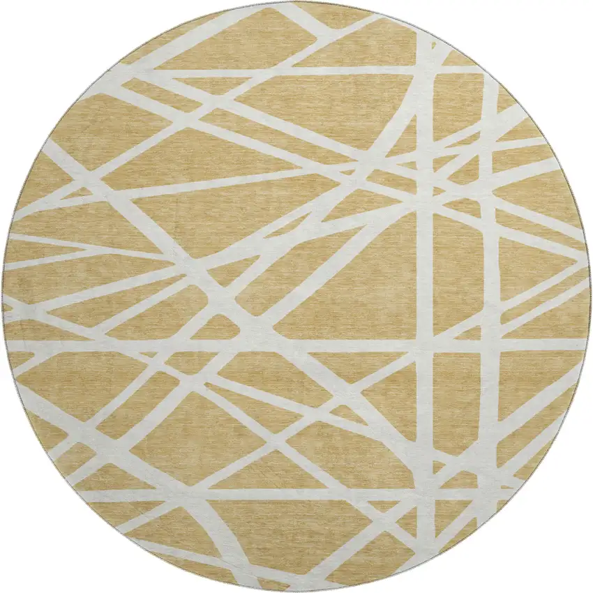 8' Gold And Ivory Geometric Washable Round Rug With UV Protection Photo 1