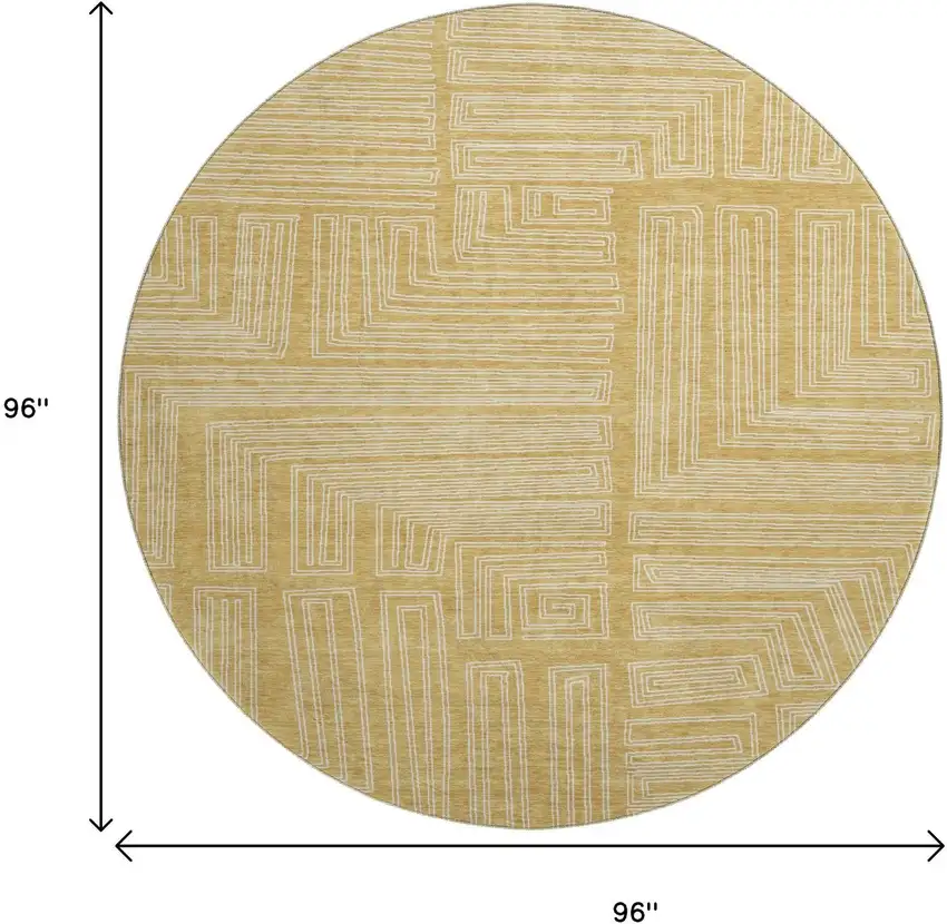 8' Gold And Ivory Geometric Washable Round Rug With UV Protection Photo 8