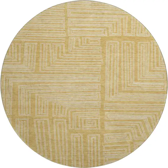 8' Gold And Ivory Geometric Washable Round Rug With UV Protection Photo 1