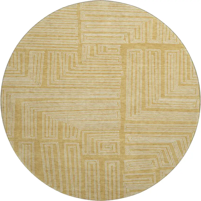 8' Gold And Ivory Geometric Washable Round Rug With UV Protection Photo 1