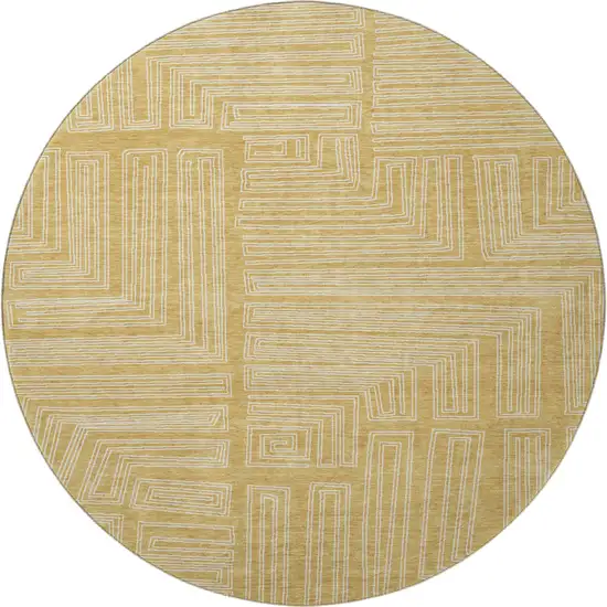 8' Gold And Ivory Geometric Washable Round Rug With UV Protection Photo 2