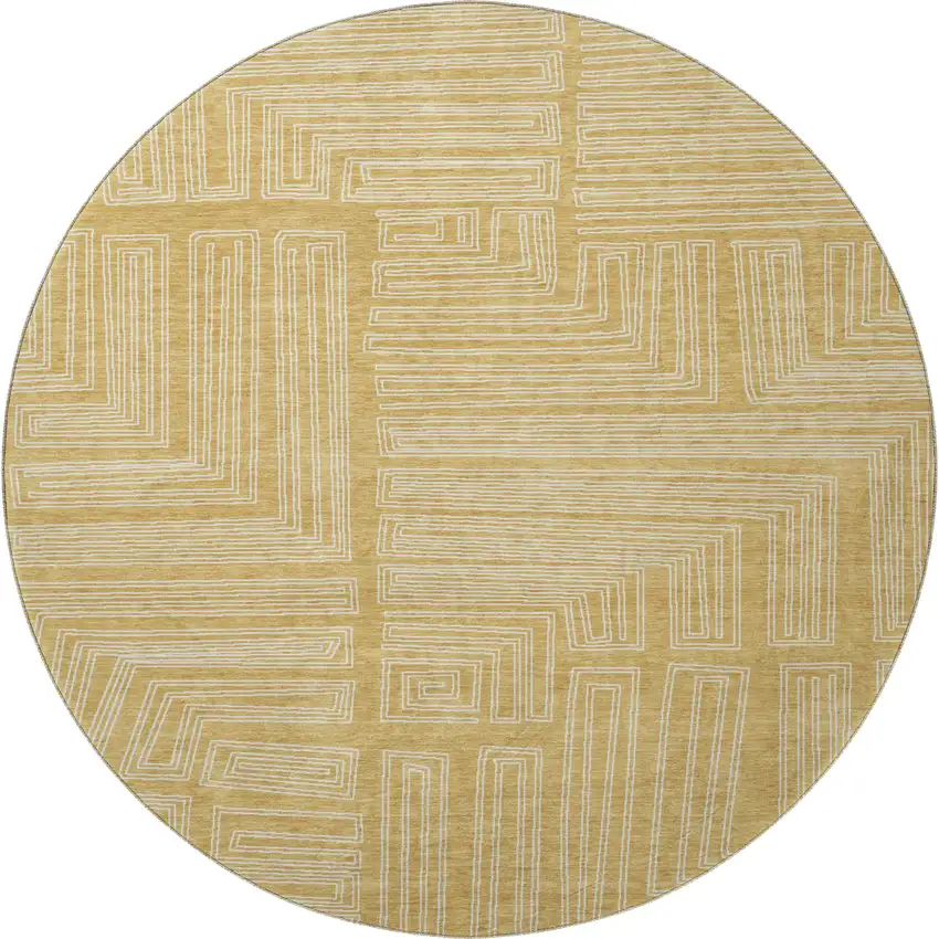 8' Gold And Ivory Geometric Washable Round Rug With UV Protection Photo 2