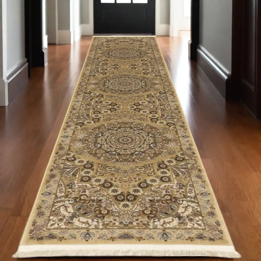 10' Gold And Ivory Medallion Runner Rug With Fringe Photo 1