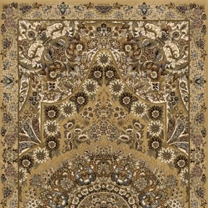 10' Gold And Ivory Medallion Runner Rug With Fringe Photo 5