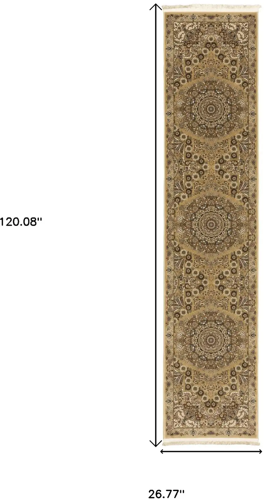 10' Gold And Ivory Medallion Runner Rug With Fringe Photo 3