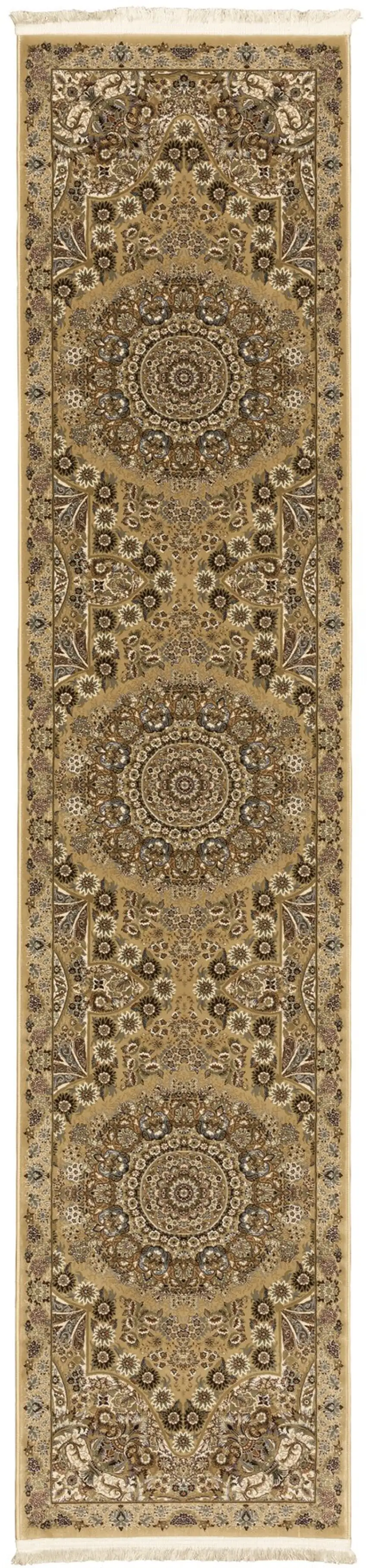 10' Gold And Ivory Medallion Runner Rug With Fringe Photo 2