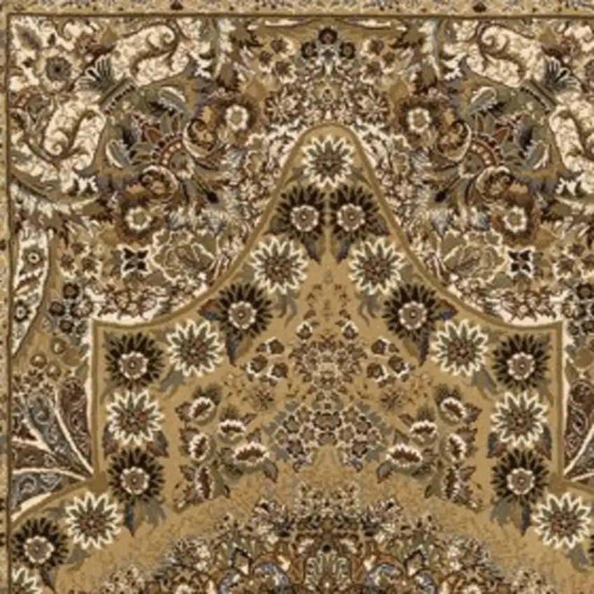10' Gold And Ivory Medallion Runner Rug With Fringe Photo 4