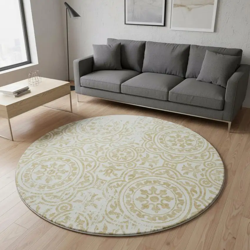 8' Gold And Ivory Medallion Washable Round Rug With UV Protection Photo 2