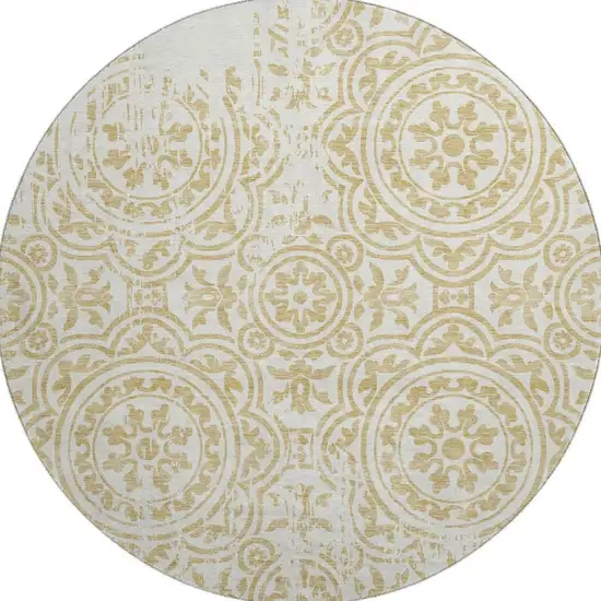 8' Gold And Ivory Medallion Washable Round Rug With UV Protection Photo 3