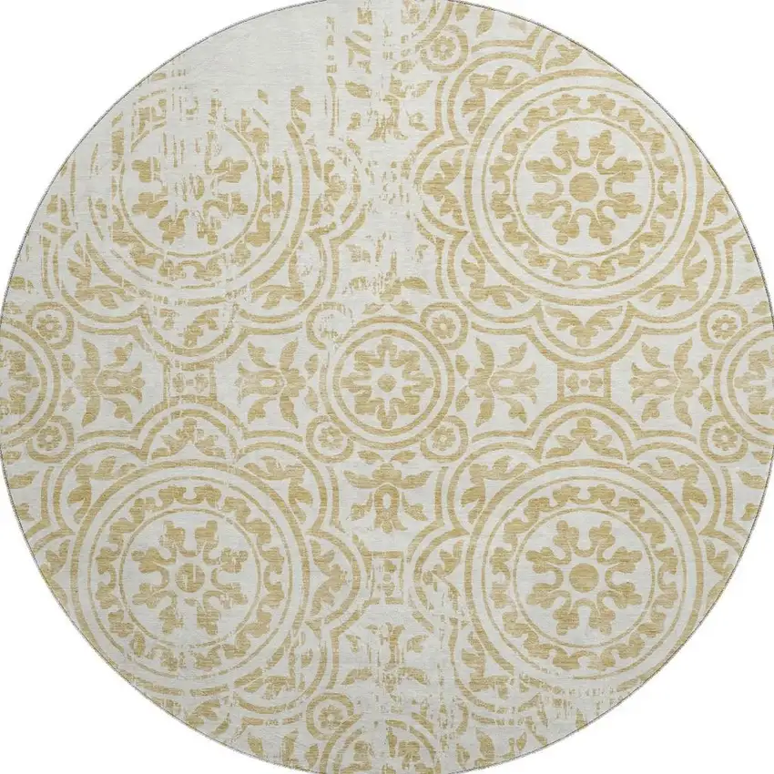 8' Gold And Ivory Medallion Washable Round Rug With UV Protection Photo 3
