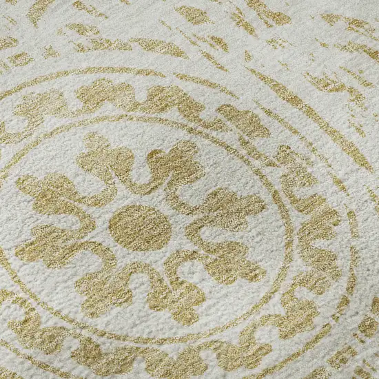 8' Gold And Ivory Medallion Washable Round Rug With UV Protection Photo 9