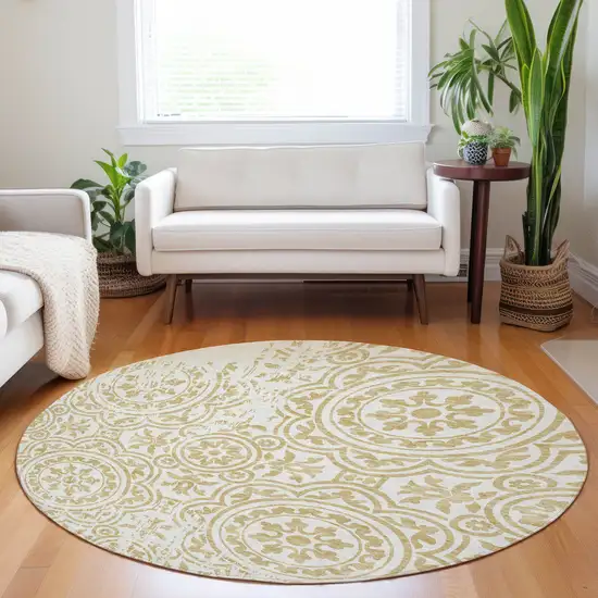 8' Gold And Ivory Medallion Washable Round Rug With UV Protection Photo 5