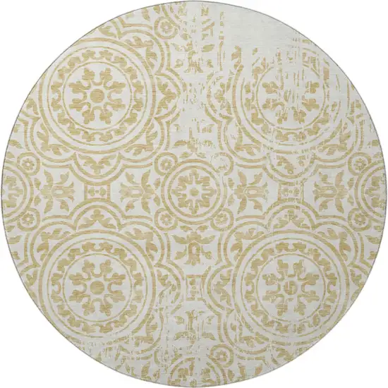 8' Gold And Ivory Medallion Washable Round Rug With UV Protection Photo 4