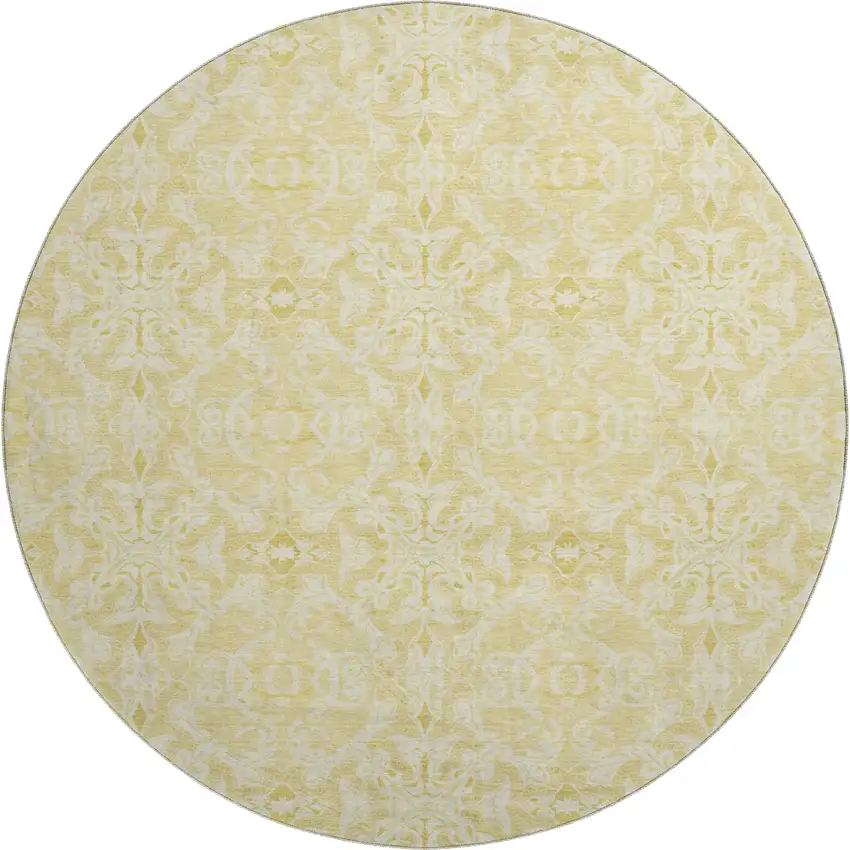 8' Gold And Ivory Medallion Washable Round Rug With UV Protection Photo 1
