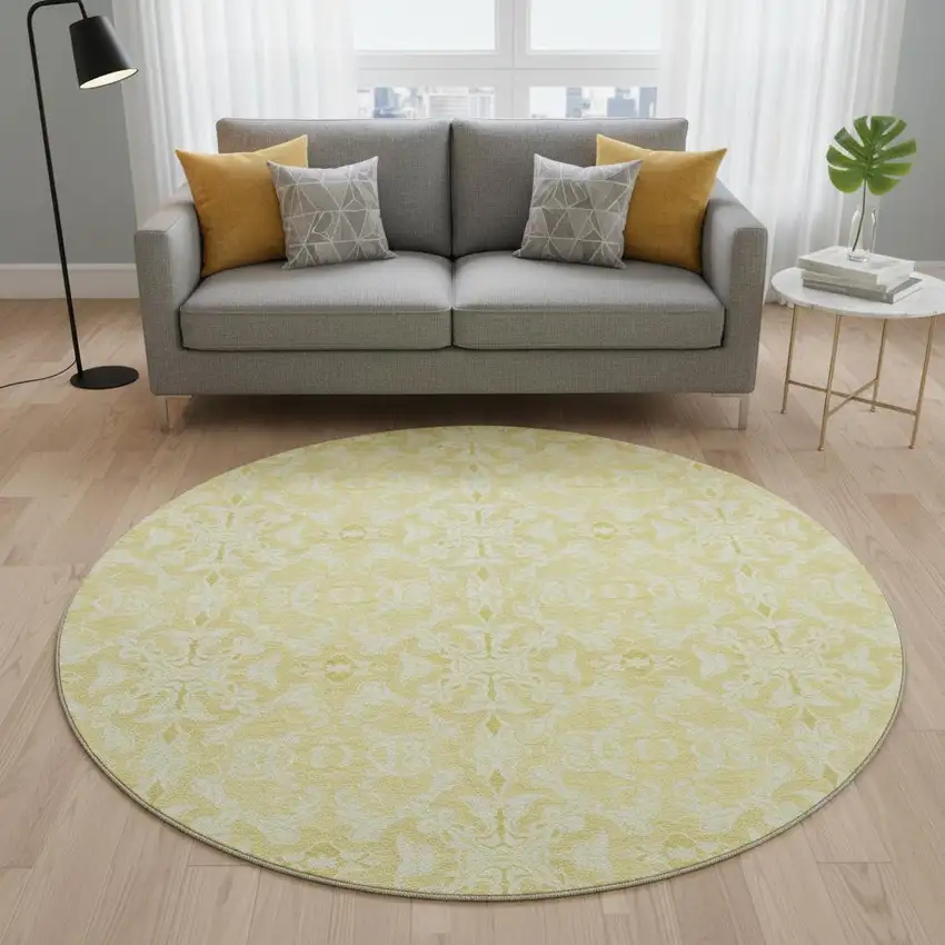 8' Gold And Ivory Medallion Washable Round Rug With UV Protection Photo 2