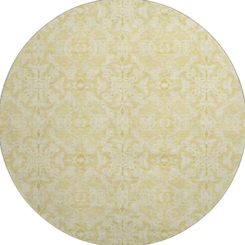 8' Gold And Ivory Medallion Washable Round Rug With UV Protection Photo 4