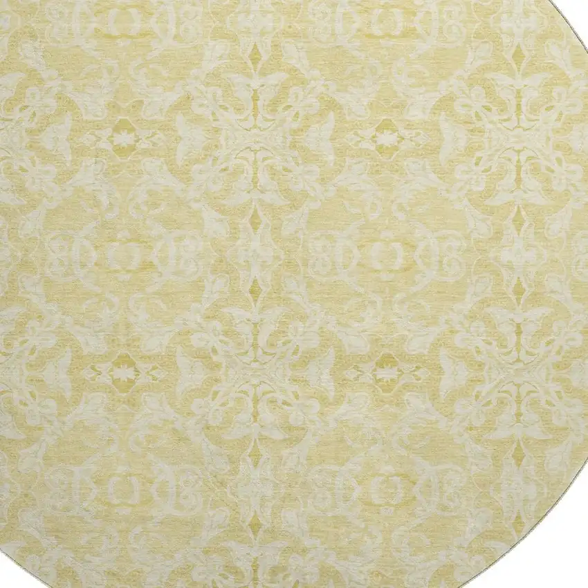 8' Gold And Ivory Medallion Washable Round Rug With UV Protection Photo 3