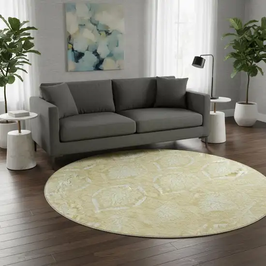 8' Gold And Ivory Medallion Washable Round Rug With UV Protection Photo 2