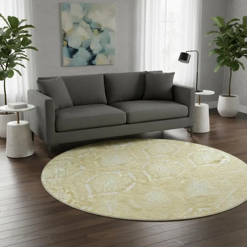 8' Gold And Ivory Medallion Washable Round Rug With UV Protection Photo 2