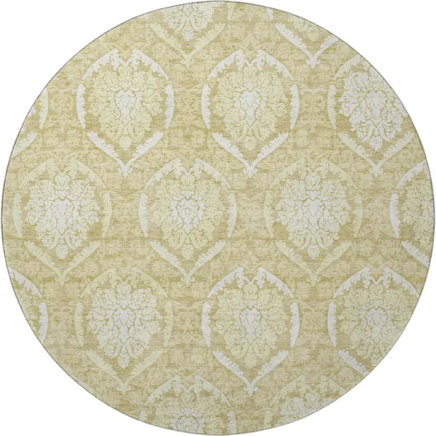 8' Gold And Ivory Medallion Washable Round Rug With UV Protection Photo 3