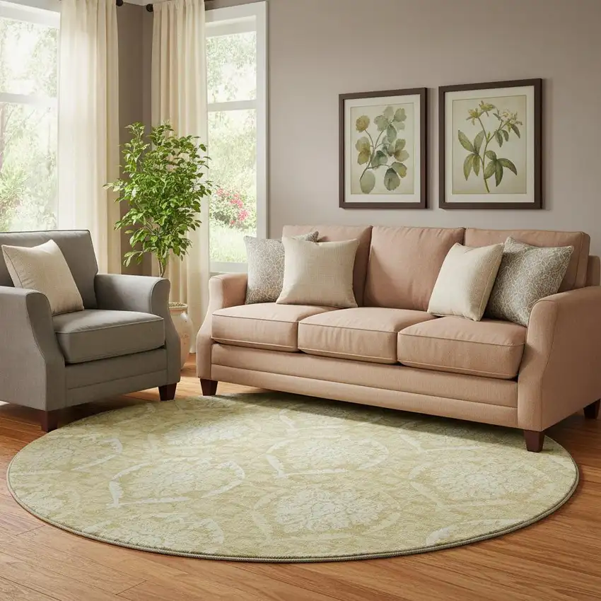 8' Gold And Ivory Medallion Washable Round Rug With UV Protection Photo 1