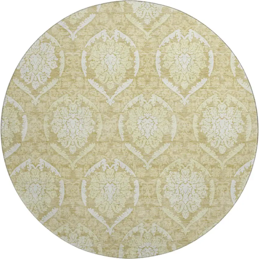 8' Gold And Ivory Medallion Washable Round Rug With UV Protection Photo 1