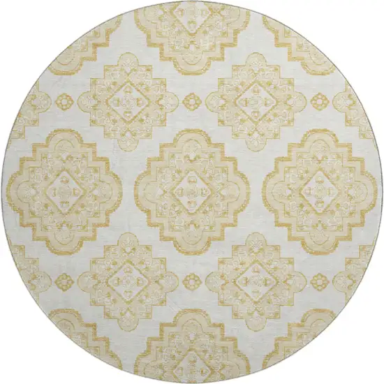 8' Gold And Ivory Medallion Washable Round Rug With UV Protection Photo 1