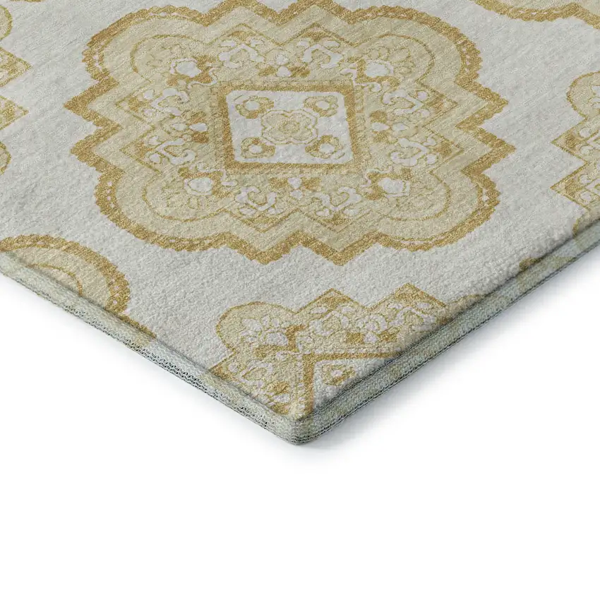 8' Gold And Ivory Medallion Washable Round Rug With UV Protection Photo 7