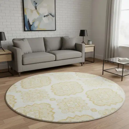 8' Gold And Ivory Medallion Washable Round Rug With UV Protection Photo 2