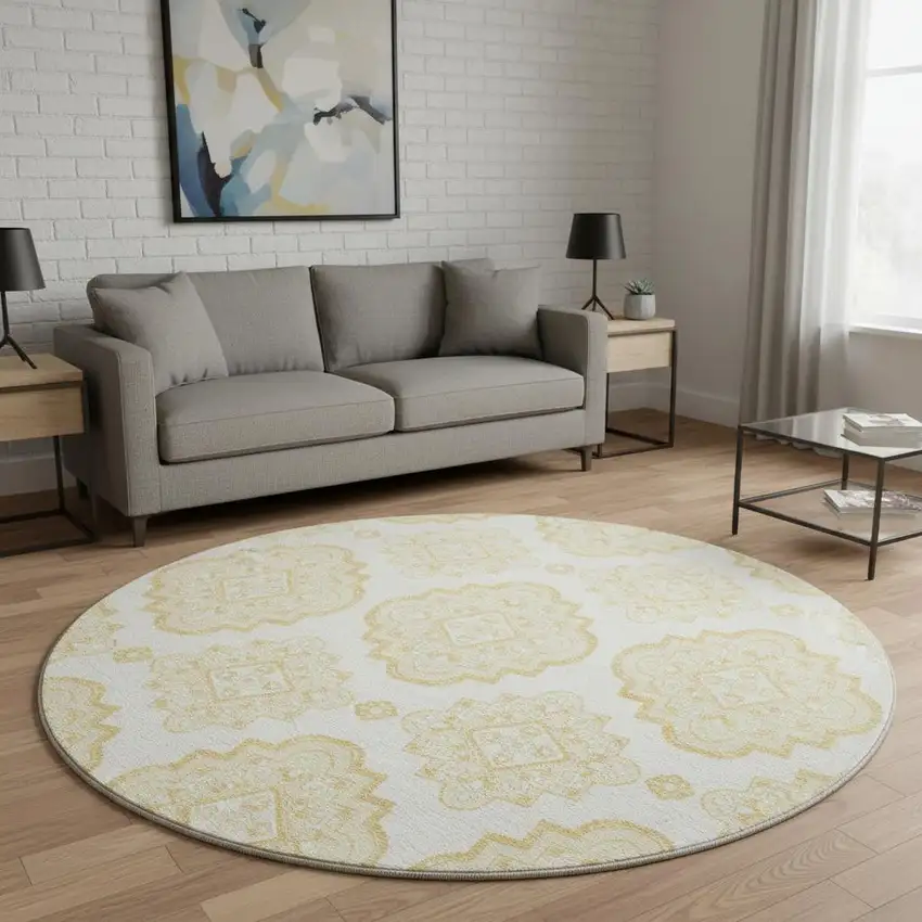 8' Gold And Ivory Medallion Washable Round Rug With UV Protection Photo 2