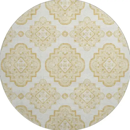 8' Gold And Ivory Medallion Washable Round Rug With UV Protection Photo 4