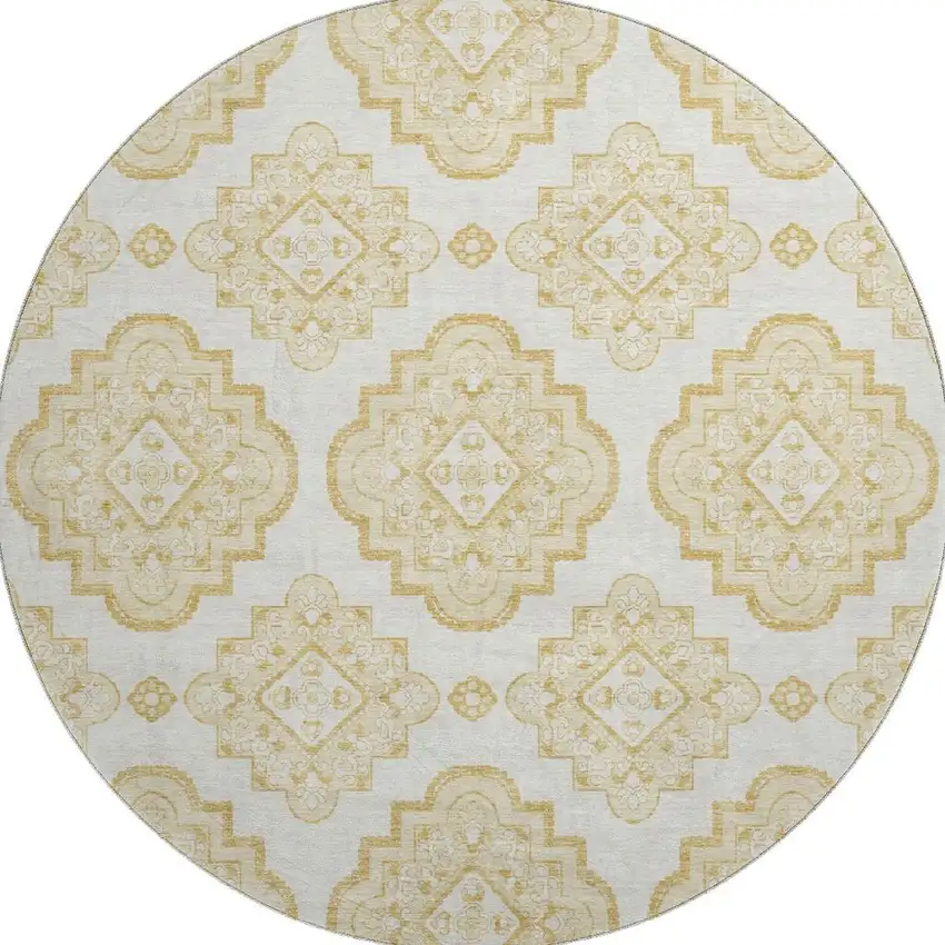 8' Gold And Ivory Medallion Washable Round Rug With UV Protection Photo 4
