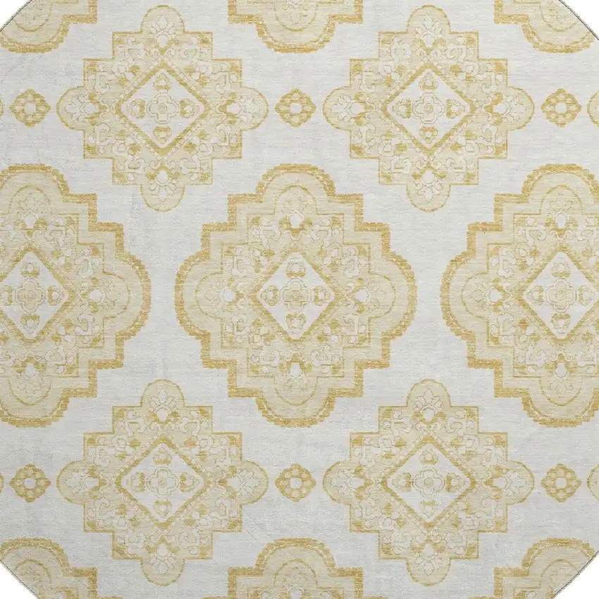 8' Gold And Ivory Medallion Washable Round Rug With UV Protection Photo 3