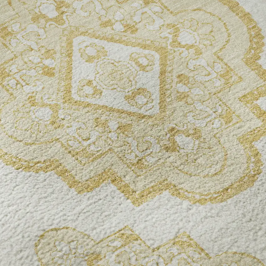 8' Gold And Ivory Medallion Washable Round Rug With UV Protection Photo 9