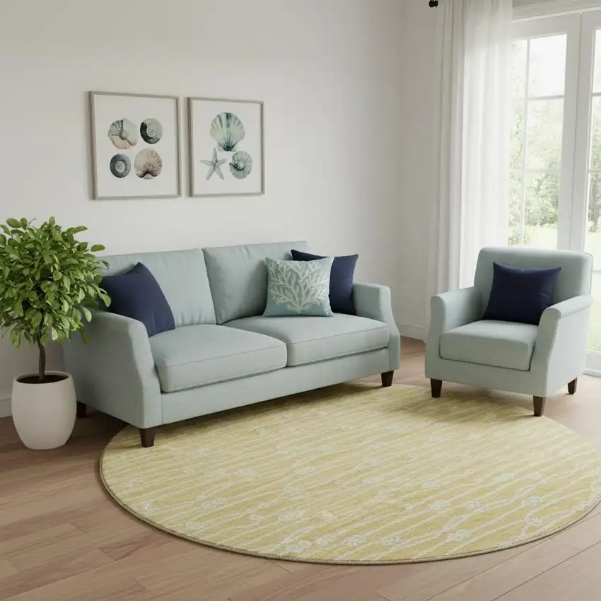 8' Gold And Ivory Nautical Washable Round Rug With UV Protection Photo 1