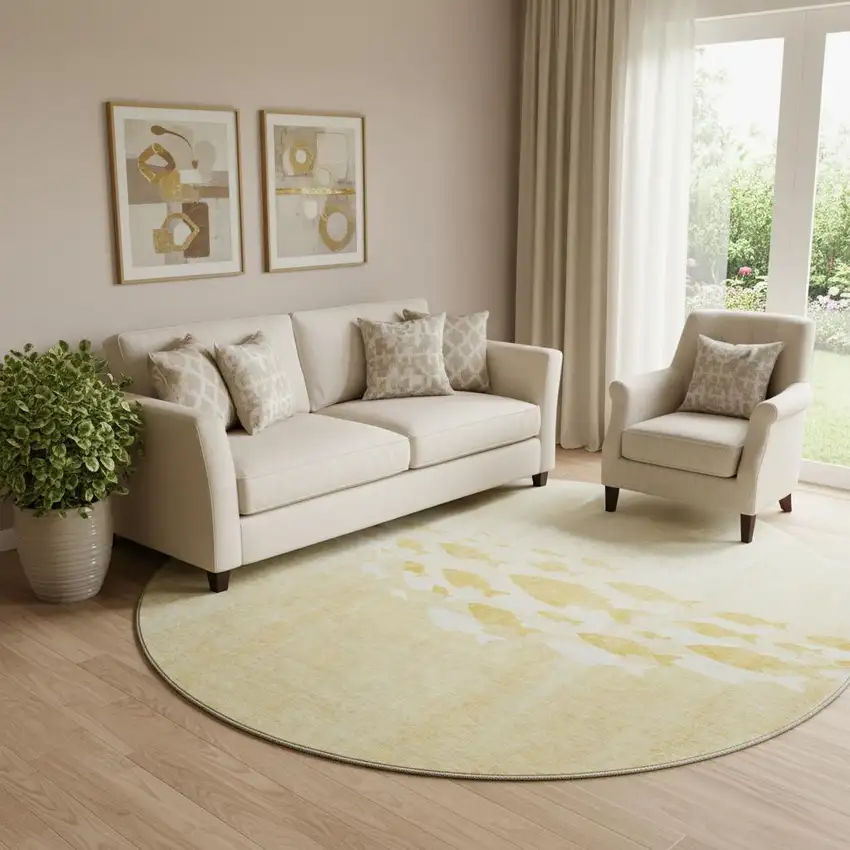 8' Gold And Ivory Nautical Washable Round Rug With UV Protection Photo 1