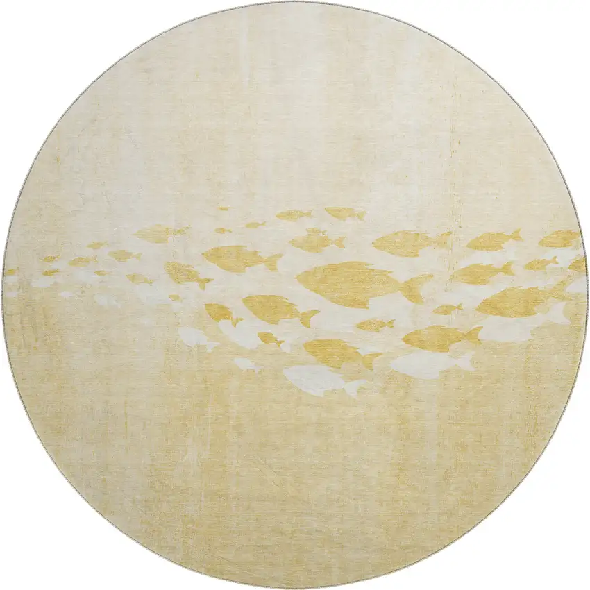 8' Gold And Ivory Nautical Washable Round Rug With UV Protection Photo 1