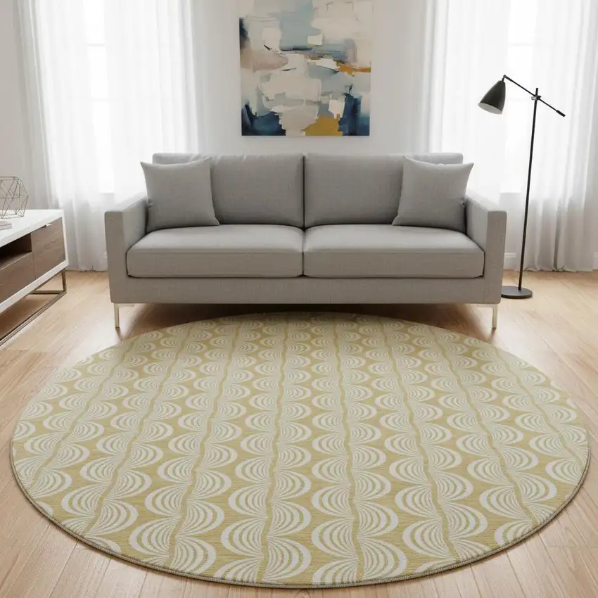 8' Gold And Ivory Ogee Washable Round Rug With UV Protection Photo 2