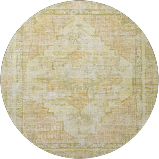8' Gold And Ivory Oriental Washable Round Rug With UV Protection Photo 3